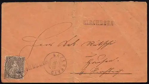 Schweiz 1880 Umschlag 5 R.Sitzende Helvetia BAZENHAID KIRCHBERG  (23701