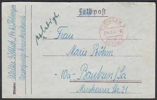 1947 Tübingen 1 - bezahlt rot K2 nach Bautzen  (23733