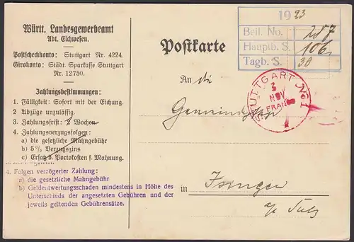 Württemberg 1923 Infla Dienstkarte Eichamt Stuttgart Franco rot  (23742