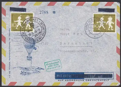 1958 Ballon-Post Konstanz Pestalozzi Freiballon HB-BIN Helvetia   (23836