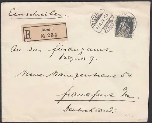 1921 Schweiz Switzerland Mi. 141 EF R-Brief Basel - Frankfurt    (23848