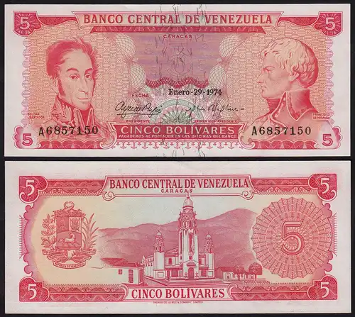 Venezuela 5 Bolivares Banknote 1974 aUNC (1-) Pick 50h   (23943