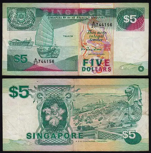 SINGAPUR - SINGAPORE 5 Dollars (1989) F/VF (3/4) Pick 19  (23976