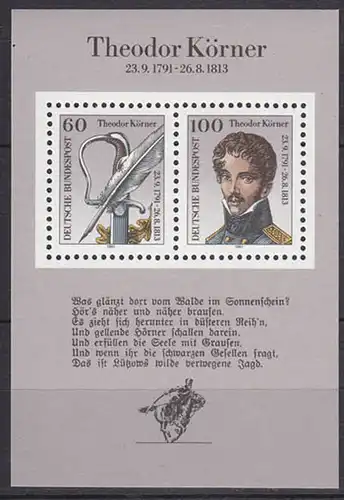 Bund BRD Theodor Körner MiNr. Bl. 25 aus 1991 ** postfrisch  (5485