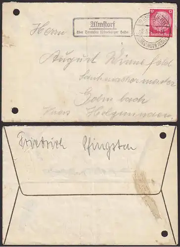 Brief mit Posthilfstelle/Landpost 1934 Almstorf über Beversen (12176