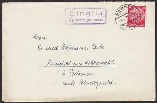 Brief mit Posthilfstelle/Landpost 1935 Singlis über Borken/Kassel  (12174