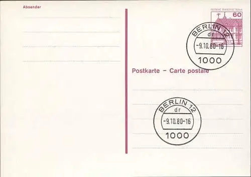 Berlin Ganzsache 60 Pf Karte P117 mit Punktlinien o. Leitvermerke 1980  (0247