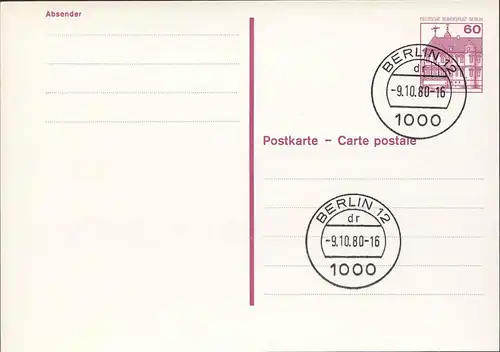 Berlin Ganzsache 60 Pf Karte P117 mit Punktlinien o. Leitvermerke 1980  (0247a