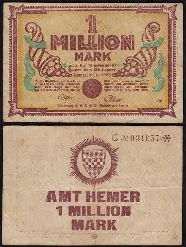 Westfalen - Hemer Amtskasse 1 Million Mark weinrot 1923 Notgeld Serie C Starnote