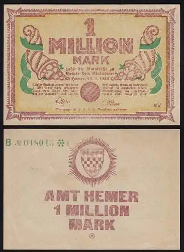 Westfalen - Hemer Amtskasse 1 Millione Mark 1923 Notgeld KN grün B (24358