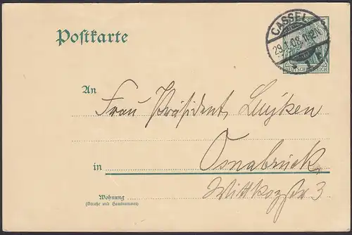 Karte Ganzsache 5 Pfg.Germania 1908 von Cassel nach Osnabrück   (24435