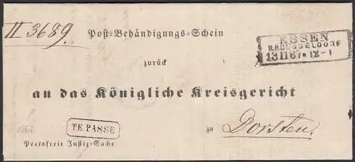 Preussen 1867 Post-Behändigungs-Schein ESSEN R3 - DORSTEN TE-PASSE R1   (24502