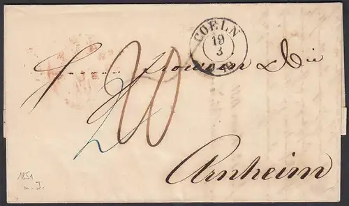 Preussen 1851 COELN K2 - ARNHEIM K1r u PREUSSEN A rot Inhalt  (24515