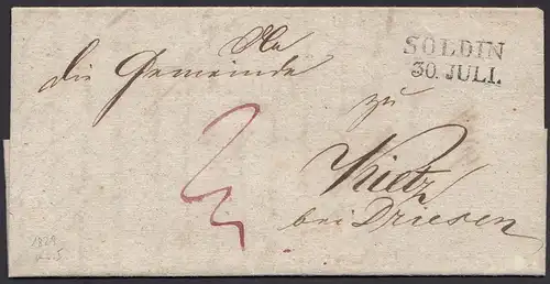 Preussen Brief 1829 SOLDIN L2 (Myślibórz) Pommern nach DRIESEN Inhalt  (24536