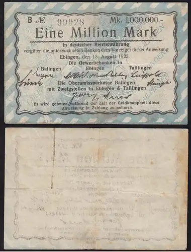 BALINGEN EBINGEN TAILFINGEN 1 Million Mark Reichswährung 1923  (14855