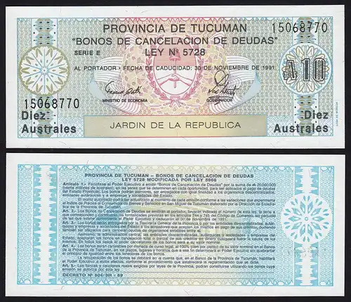 Argentinien - Argentina 10 Australs Banknote,1991, Pick S2713b UNC (1)  (16112