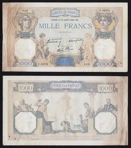 Frankreich - France  1000 Francs 1940 Pick 90c F/VF (3/4)   (16176