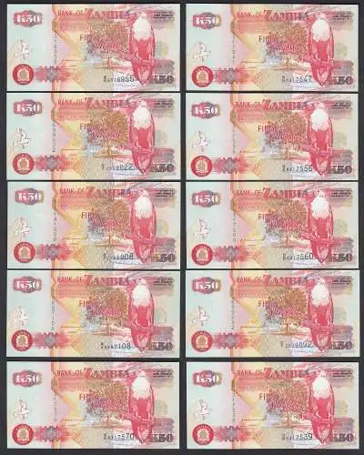 Sambia - Zambia 10 Stück á 50 Kwacha 1992 UNC (1) Pick 37a !! sig.10    (89014