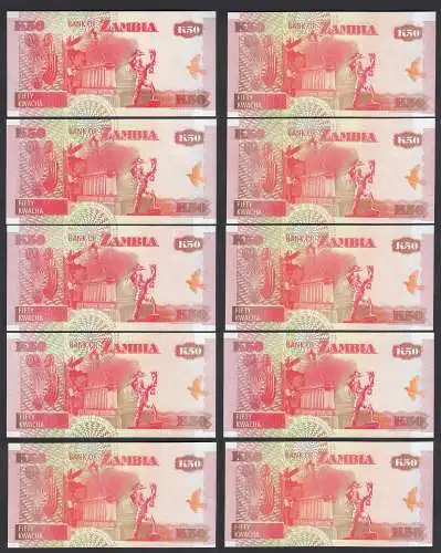 Sambia - Zambia 10 Stück á 50 Kwacha 1992 UNC (1) Pick 37a !! sig.10    (89014