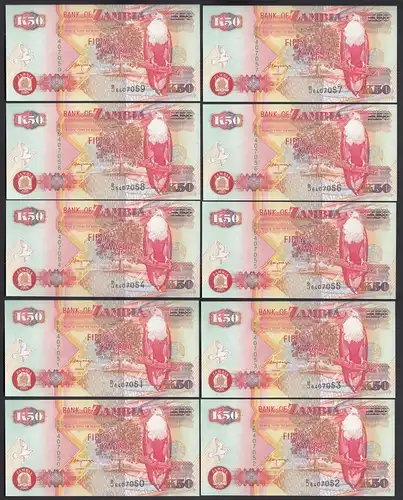 Sambia - Zambia 10 Stück á 50 Kwacha 2001 UNC (1) Pick 37c !!sig.11    (89016