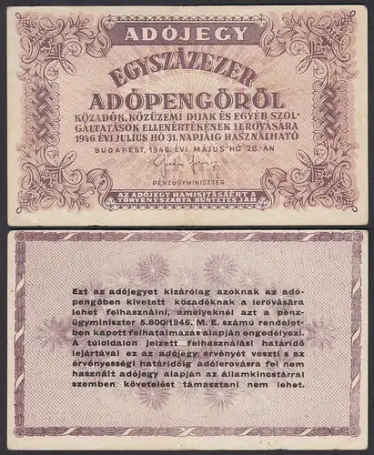 Ungarn - Hungary  100000 Egyszázezer Adopengo 1946 VF- (3-) Pick 144e 