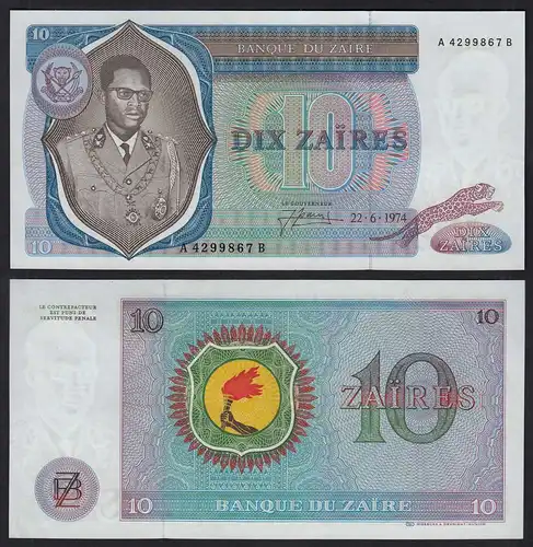 Zaire -  10 Zaires Banknote 1974 Pick 23a UNC (1)    (24985