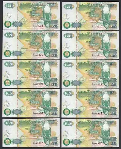 Sambia - Zambia 10 Stück á 20 Kwacha 1992 Banknote Pick 36b UNC (1)    (89018