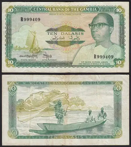 Gambia 10 Dalasi Banknote ND (1987-90) Pick 10b F/VF (3/4) sig 9  (25344