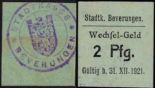 Westfalen - Beverungen Kreis Höxter 2 Pfennig Notgeld 1921  (25568