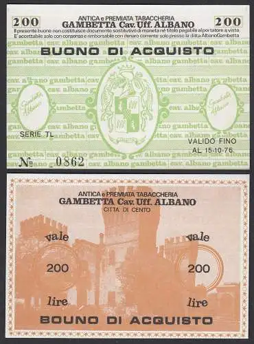 Italien - Italy 200 Lire BUONO DI ACQUISTO TABACCHERIA 1976 aUNC (1-)    (25802
