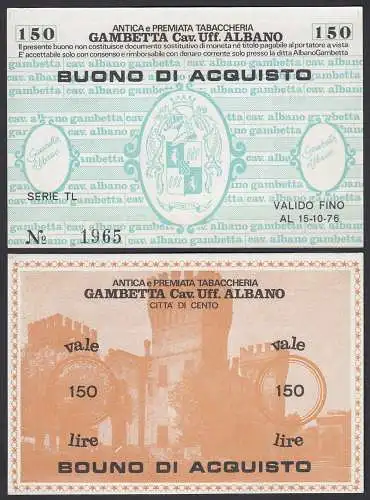 Italien - Italy 150 Lire BUONO DI ACQUISTO TABACCHERIA 1976 aUNC (1-)    (25803