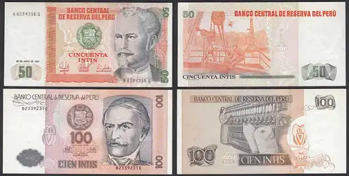 Peru 50 + 100 Intis Banknote 1987 UNC (1) Pick 131 + 133  (25809