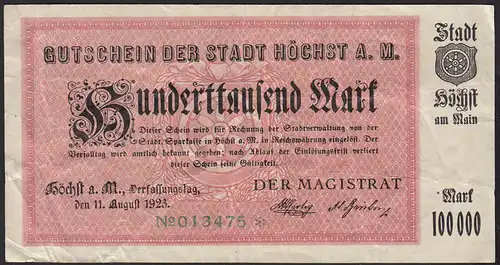 Höchst 100 tausend Mark Gutschein 1923 Notgeld F (4)  (13825