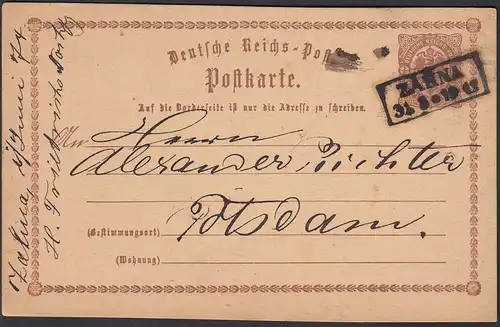 ZAHNA 1874 Nachverwendet 1/2 Groschen Ganzsache nach Potsdam   (25913