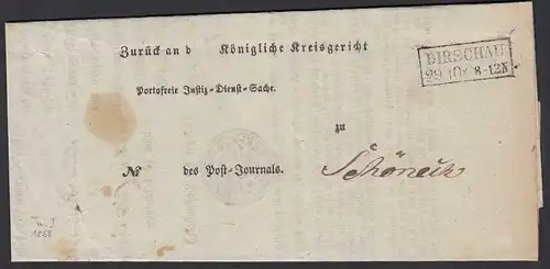 1858 Preussen DIRSCHAU R2 Post-Insinuations-Dokument - Schöneck  (24584