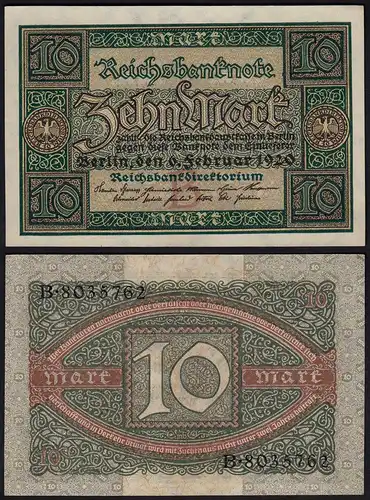 Reichsbanknote -  10 Mark 1920 Ro.63a, Pick 67 Udr B - Serie B aUNC (1-) (23402