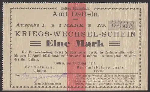 Datteln Westfalen 1 Mark Kriegs-Wechsel-Schein 1914  (25930