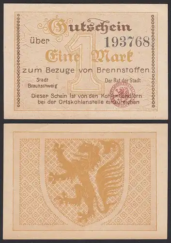 Niedersachsen - Braunschweig 1 Mark für Brennstoffe Gutschein/Notgeld  (20402