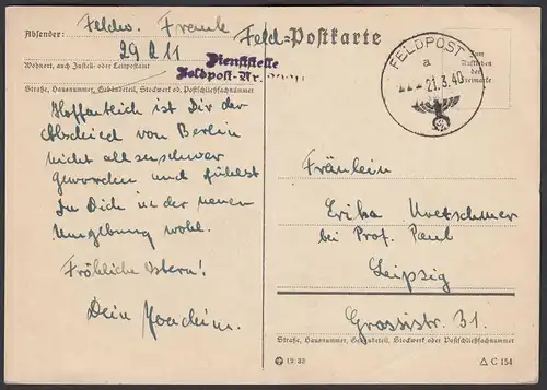 Feldpost Karte WW2 1940 Dieststelle 29211 nach Leipzig   (26346