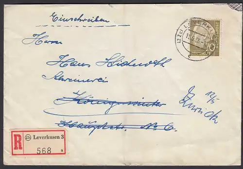 BRD Bund 1956 Heuss 70 Pfg. EF R-Brief Leverkusen 3 als Retourbrief   (26351