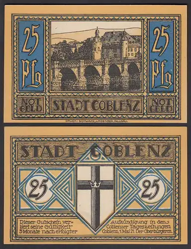 Coblenz = Koblenz 25 Pfennig Notgeld 1921 UNC (1)   (26405