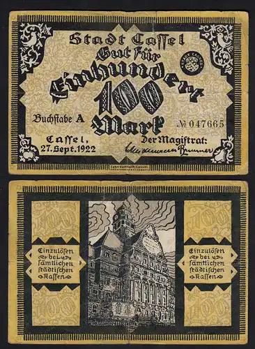 Hessen - Cassel Kassel 100 Mark 1922 Notgeld Serie/Buchstabe A  (26493