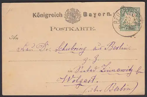 Bayern - 5 Pfennig Ganzsache 1876 Berchtesgaden nach Wolgast    (26624