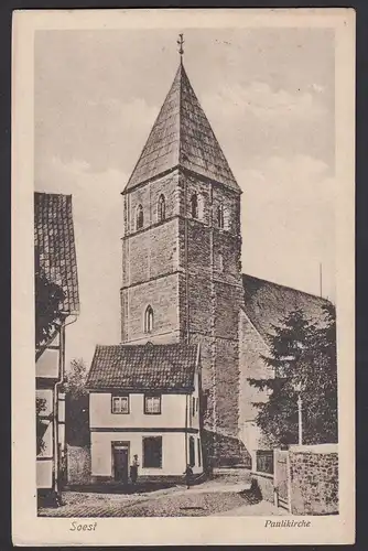 AK Soest Paulikirche mit Strasse 1916 gelaufen Feldpost  (17007