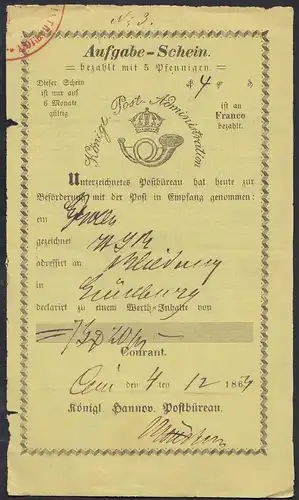 1863 Hannover Königliche Post Aufgabe-Schein    (23094