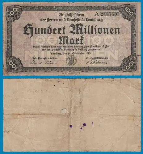 Hamburg 100 Millionen Mark 1923 Aushilfschein Notgeld gebraucht  (18991