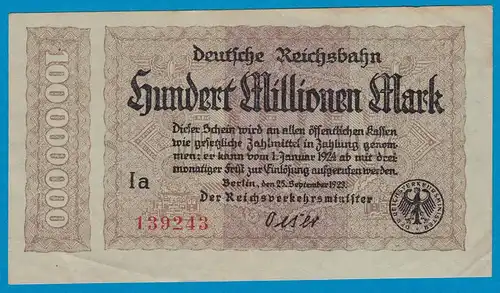 Reichsbahn Berlin 100 Millionen Mark Notgeld Pick S1017 1923 VF    (19020