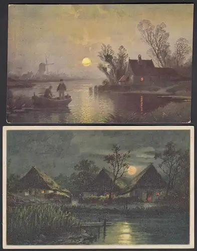 2 Stück AK Künstlerkarten Mondschein Fischerei   (26703