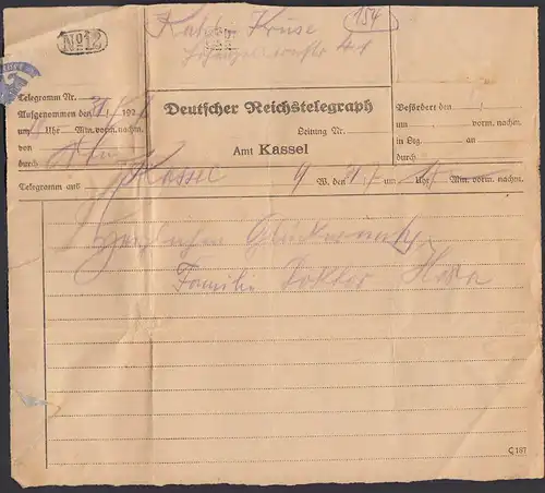 Deutscher Reichstelegraph Telegramm 1927 Amt Kassel  (26250