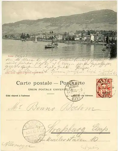 AK 1903 Vevey Schweiz See Schiff Boot Segel nach Strassburg    (1388